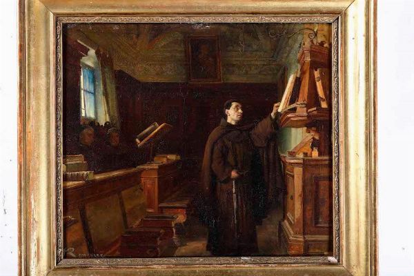 Julien Renevier : Interno di biblioteca Abbazia della Verna  - Asta Dipinti Antichi - Associazione Nazionale - Case d'Asta italiane