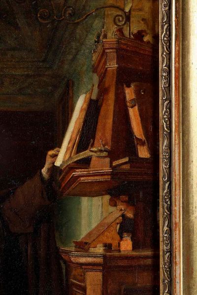 Julien Renevier : Interno di biblioteca Abbazia della Verna  - Asta Dipinti Antichi - Associazione Nazionale - Case d'Asta italiane