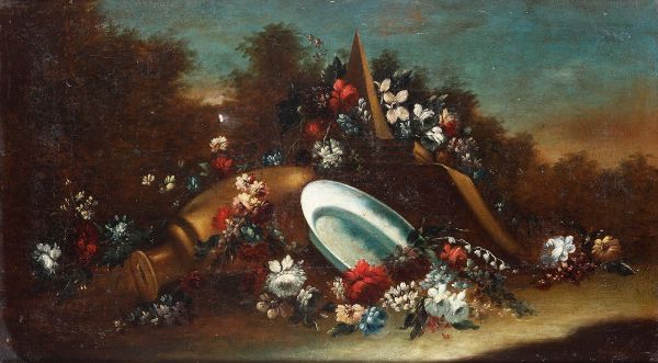 Giuseppe Lavagna, nei modi di : Natura morta con fiori, vasellame e architetture sullo sfondo  - Asta Dipinti Antichi - Associazione Nazionale - Case d'Asta italiane