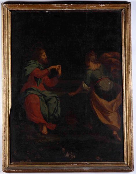 Scuola del XVII secolo Cristo e la Samaritana al pozzo  - Asta Dipinti Antichi - Associazione Nazionale - Case d'Asta italiane