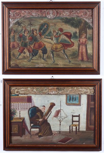 Scuola del XIX secolo due pannelli raffiguranti duello e musicista  - Asta Dipinti Antichi - Associazione Nazionale - Case d'Asta italiane