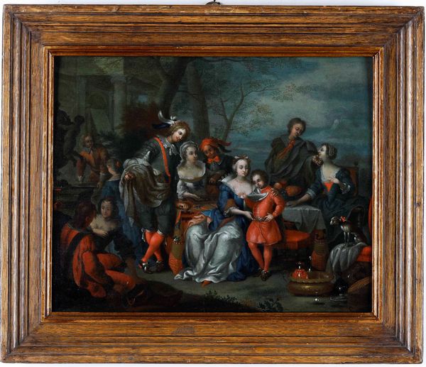 Scuola fiamminga del XVIII secolo Scena di banchetto  - Asta Dipinti Antichi - Associazione Nazionale - Case d'Asta italiane