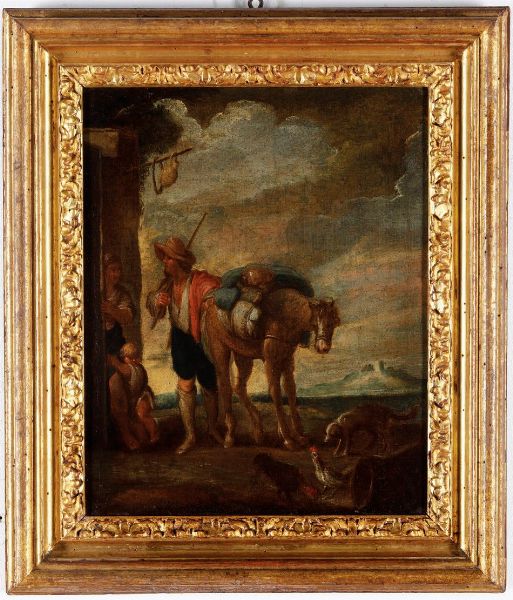 Scuola fiamminga del XVII secolo Viandante con bambino e cavallo  - Asta Dipinti Antichi - Associazione Nazionale - Case d'Asta italiane