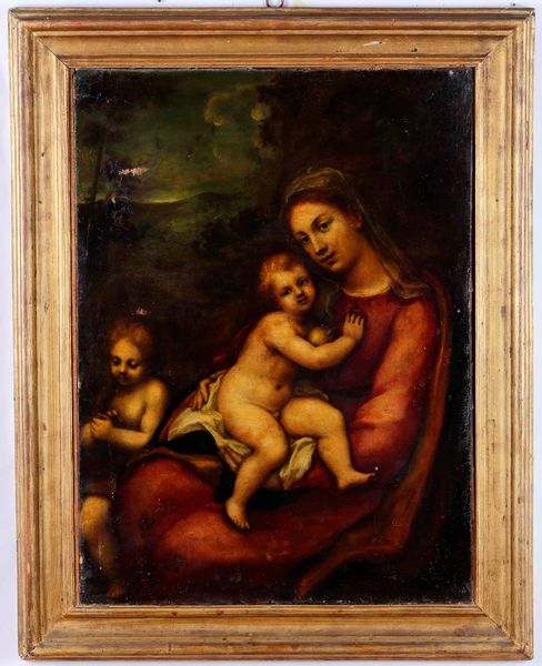 Scuola del XVII secolo Madonna con Bambino e San Giovannino  - Asta Dipinti Antichi - Associazione Nazionale - Case d'Asta italiane