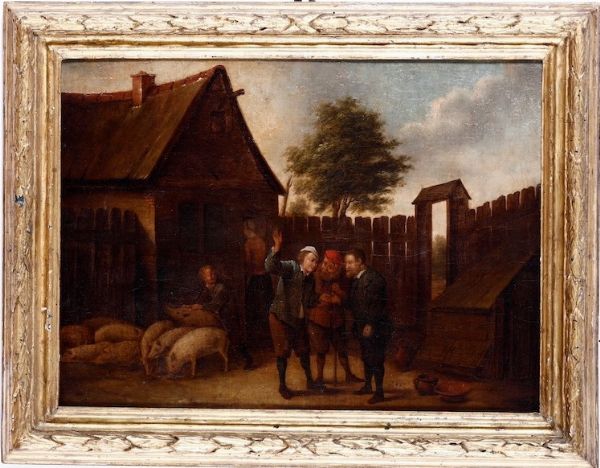 Scuola fiamminga del XVII secolo Scena di genere con contadini  - Asta Dipinti Antichi - Associazione Nazionale - Case d'Asta italiane