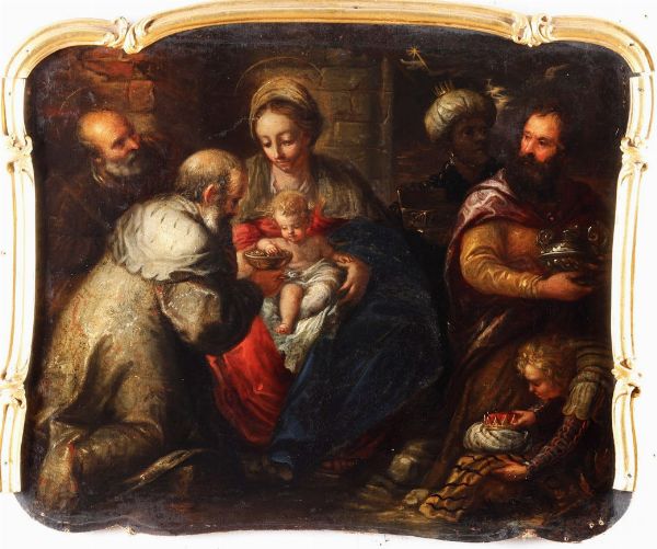 Agostino da Santagostino (Milano 1633 ca.-1699), attribuito a Adorazione dei Magi  - Asta Dipinti Antichi - Associazione Nazionale - Case d'Asta italiane