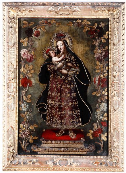 Scuola spagnola del XVII-XVIII secolo Madonna con Bambino entro ghirlanda di fiori  - Asta Dipinti Antichi - Associazione Nazionale - Case d'Asta italiane