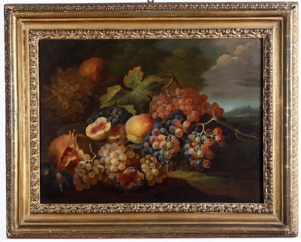 Scuola del XVIII secolo Natura morta con uva e melograni  - Asta Dipinti Antichi - Associazione Nazionale - Case d'Asta italiane