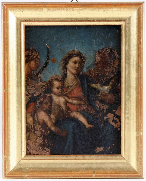 Scuola del XVII secolo Sacra Famiglia con San Giovannino e una santa  - Asta Dipinti Antichi - Associazione Nazionale - Case d'Asta italiane