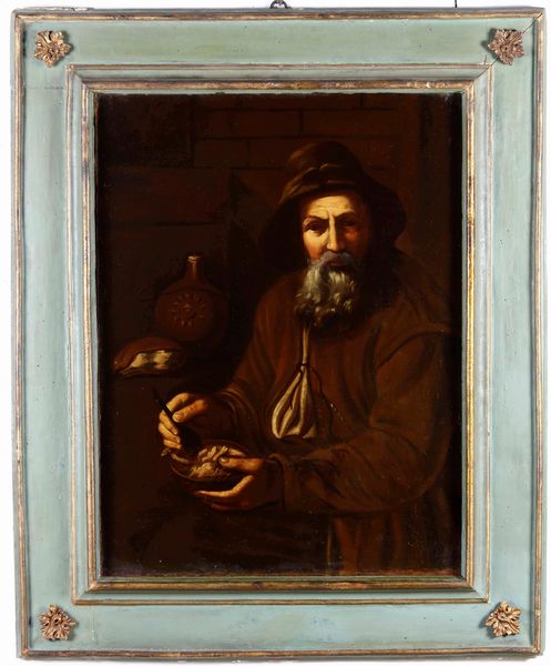 Scuola del XVIII secolo Paesano con ciotola di cibo  - Asta Dipinti Antichi - Associazione Nazionale - Case d'Asta italiane