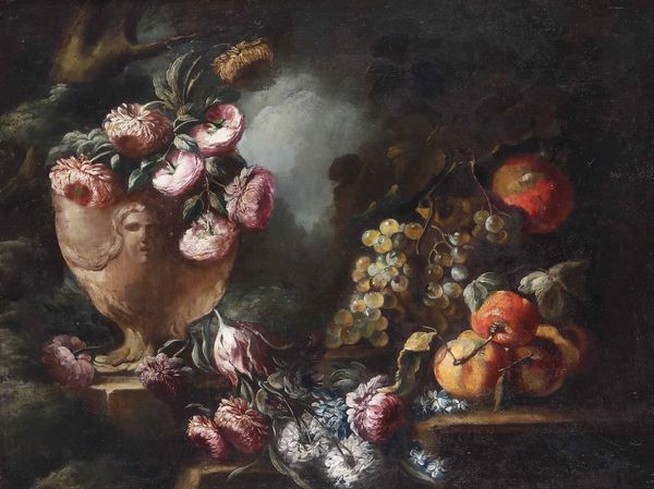 Scuola romana del XVIII secolo Natura morta con fiori e frutta con vaso a grottesche  - Asta Dipinti Antichi - Associazione Nazionale - Case d'Asta italiane