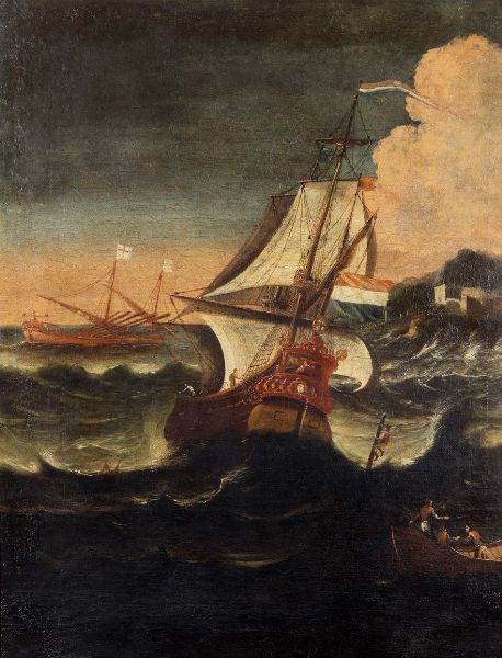 Scuola del XVIII secolo Marina in tempesta con imbarcazioni  - Asta Dipinti Antichi - Associazione Nazionale - Case d'Asta italiane