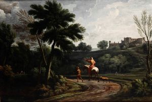 Scuola romana del XVIII secolo Paesaggio con cavaliere  - Asta Dipinti Antichi - Associazione Nazionale - Case d'Asta italiane