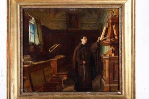 Julien Renevier : Interno di biblioteca Abbazia della Verna  - Asta Dipinti Antichi - Associazione Nazionale - Case d'Asta italiane