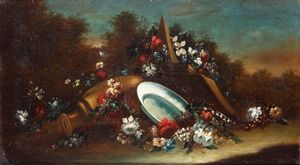 Giuseppe Lavagna, nei modi di : Natura morta con fiori, vasellame e architetture sullo sfondo  - Asta Dipinti Antichi - Associazione Nazionale - Case d'Asta italiane