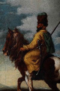 Scuola del XVIII secolo Figura a cavallo in veste orientale  - Asta Dipinti Antichi - Associazione Nazionale - Case d'Asta italiane