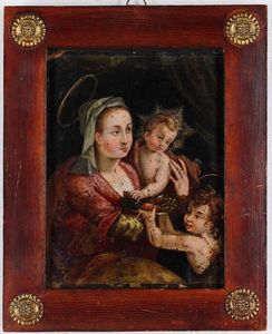 Scuola del XVII secolo Madonna con Bambino e San Giovannino  - Asta Dipinti Antichi - Associazione Nazionale - Case d'Asta italiane
