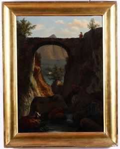Scuola del XVIII secolo Paesaggio con ponte e figure  - Asta Dipinti Antichi - Associazione Nazionale - Case d'Asta italiane