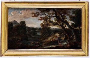 Antonio Francesco Peruzzini, alla maniera di : Paesaggio con pastore  - Asta Dipinti Antichi - Associazione Nazionale - Case d'Asta italiane