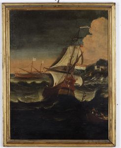 Scuola del XVIII secolo Marina in tempesta con imbarcazioni  - Asta Dipinti Antichi - Associazione Nazionale - Case d'Asta italiane
