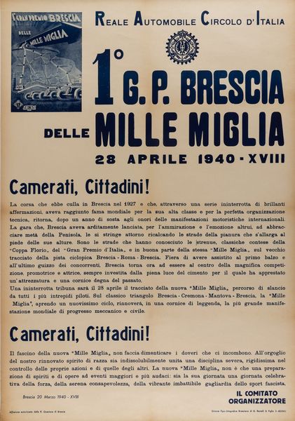 Anonimo : 1 G.P. Brescia - Mille Miglia 1940.  - Asta POP Culture e Manifesti d'epoca - Associazione Nazionale - Case d'Asta italiane