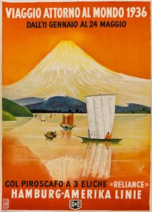 Artista non identificato - Viaggio Attorno al Mondo 1936 ( Monte Fuji - Giappone) - Hamburg Amerika Linie HAPAG.