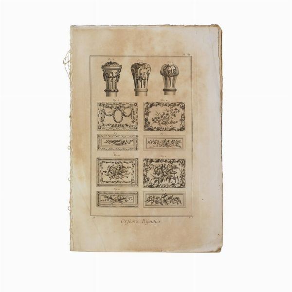 SERIE DI 4 TAVOLE E INDICE DA L'   ENCYCLOP&Eacute;DIE, OU DICTIONNAIRE RAISONN&Eacute; DES SCIENCES, DES ARTS ET DES M&Eacute;TIERS   DI DENIS DIDEROT E JEAN LE ROND D'ALEMBERT -   ORF&Egrave;VRE BIJOUTIER  - Asta Gioielli  - Associazione Nazionale - Case d'Asta italiane