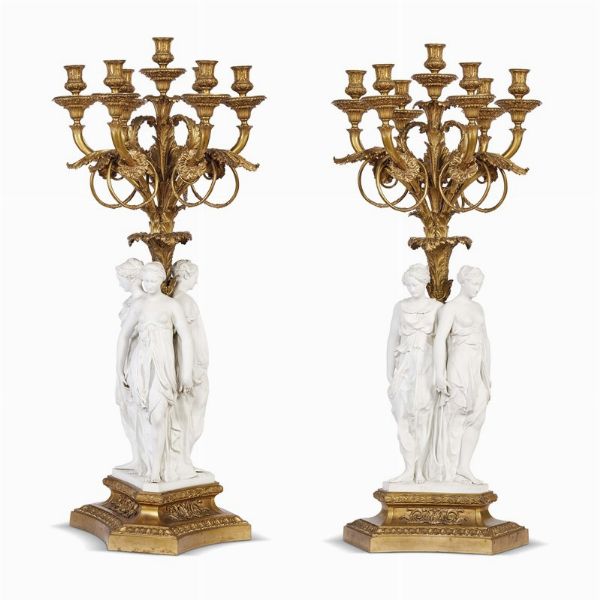 COPPIA DI GRANDI CANDELABRI, FRANCIA, SECOLO XIX  - Asta INTERNATIONAL FINE ART E UNA IMPORTANTE COLLEZIONE DI PENDOLE AU BON SAUVAGE - Associazione Nazionale - Case d'Asta italiane