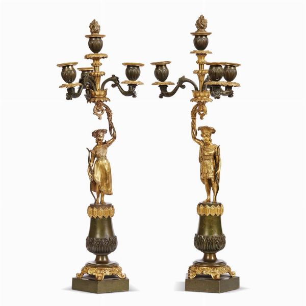 COPPIA DI CANDELABRI, FRANCIA, SECONDA METÀ SECOLO XIX  - Asta INTERNATIONAL FINE ART E UNA IMPORTANTE COLLEZIONE DI PENDOLE AU BON SAUVAGE - Associazione Nazionale - Case d'Asta italiane