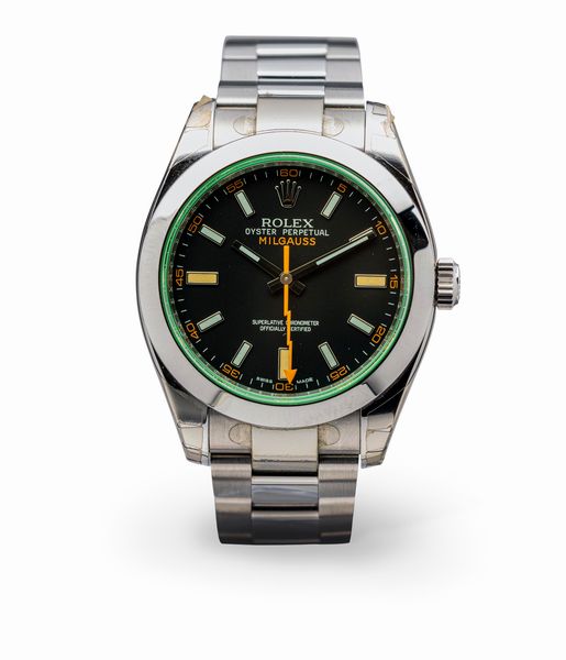 ROLEX : Antimagnetico ed elegante orologio Milgauss ref 116400GV in acciaio, quadrante nero e vetro verde, NOS con pellicole accompagnato da scatola e garanzia  - Asta Orologi da Polso e da Tasca - Associazione Nazionale - Case d'Asta italiane