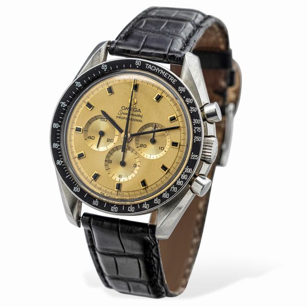OMEGA : Speedmaster 145.022 cronografo professionale a carica manuale, tre contatori, cassa in acciaio e quadrante in oro con indici in Onice  - Asta Orologi da Polso e da Tasca - Associazione Nazionale - Case d'Asta italiane