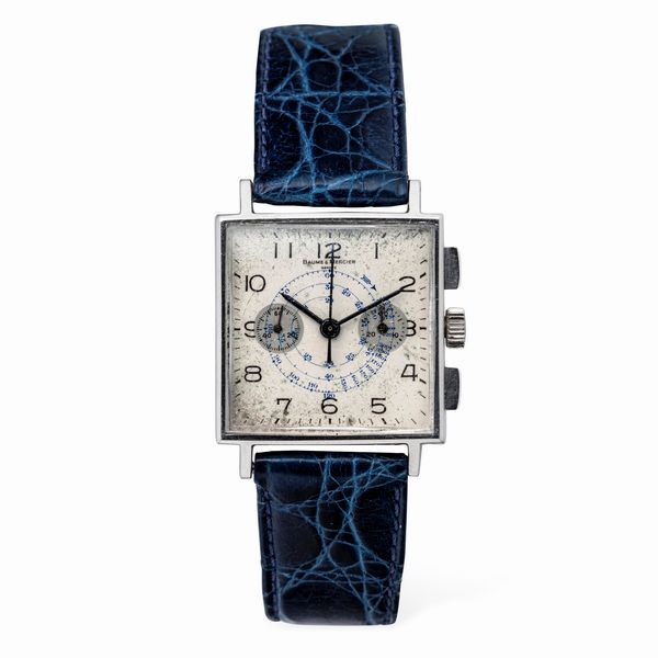 Baume & Mercier : Raro Chrono Gabus di forma quadrata due contatori con scala tachimetrica, tasti quadri, quadrante Argent con numeri Arabi, carica manuale  - Asta Orologi da Polso e da Tasca - Associazione Nazionale - Case d'Asta italiane