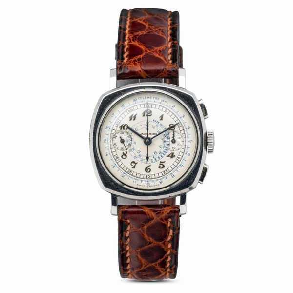 MOVADO : Raro e prestigioso chronografo di forma a Cuscino con carica manuale, quadrante bianco e scala tachimetrica con numeri Breguet applicati, sferino del contatore dei minuti a serpentina  - Asta Orologi da Polso e da Tasca - Associazione Nazionale - Case d'Asta italiane