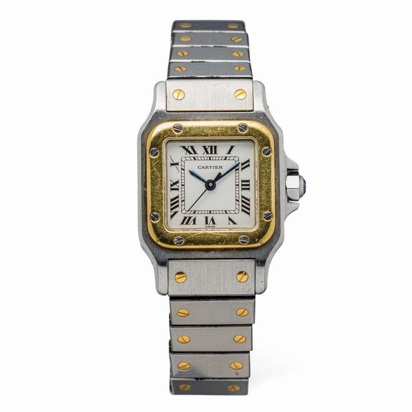 CARTIER : Iconico Santos Lady acciaio e oro movimento automatico, quadrante bianco con numeri Romani e minuteria a Chemin de Fer, lancette brunite e Cabochon sulla corona completo di scatola e garanzia  - Asta Orologi da Polso e da Tasca - Associazione Nazionale - Case d'Asta italiane