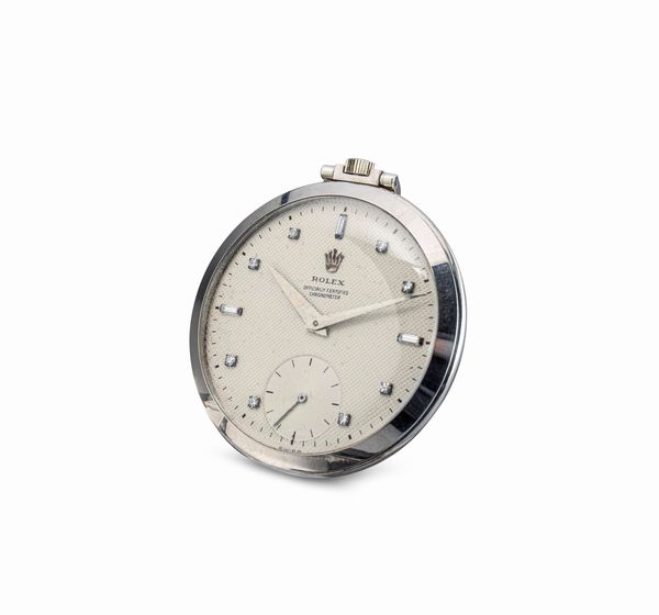 ROLEX : Raro e straordinario dress watch ref 8748 in oro bianco 18k, quadrante argentato a nido d'ape impreziosito da diamanti taglio brillante e baguette, lancette Dauphine e movimento a carica manuale extrapiatto  - Asta Orologi da Polso e da Tasca - Associazione Nazionale - Case d'Asta italiane