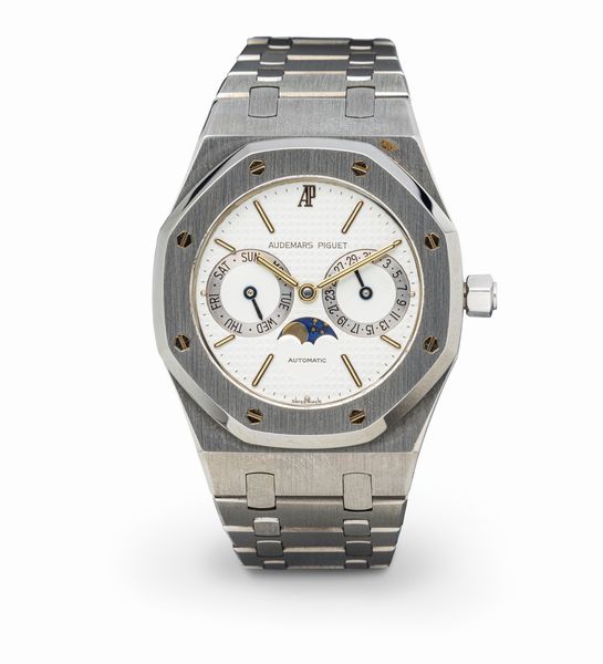 AUDEMARS PIGUET : Sportivo ed elegante Royal Oak Day-Date con fasi lunari, automatico quadrante bianco petit Tapisserie con indici a bastone, completo di scatola e garanzia  - Asta Orologi da Polso e da Tasca - Associazione Nazionale - Case d'Asta italiane
