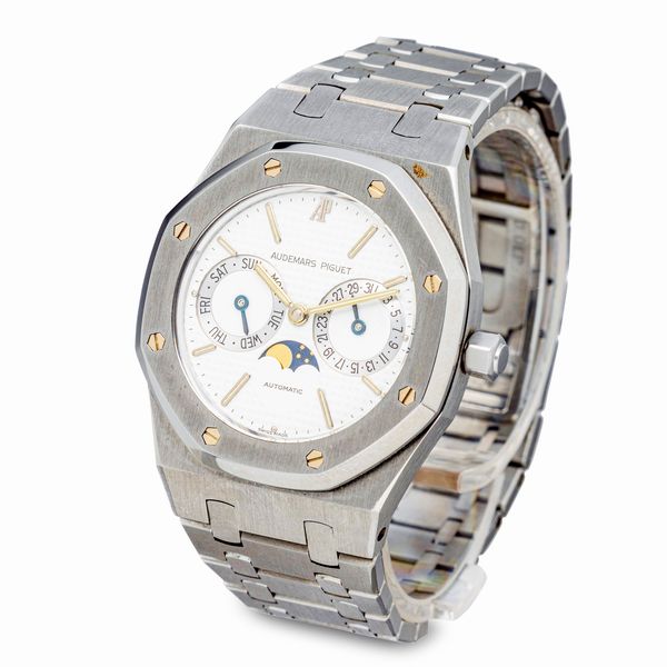 AUDEMARS PIGUET : Sportivo ed elegante Royal Oak Day-Date con fasi lunari, automatico quadrante bianco petit Tapisserie con indici a bastone, completo di scatola e garanzia  - Asta Orologi da Polso e da Tasca - Associazione Nazionale - Case d'Asta italiane
