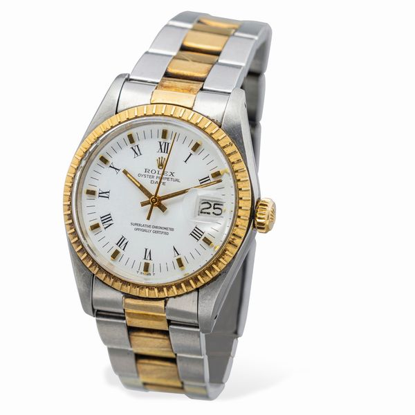 ROLEX : Classico Oyster Perpetual ref 1505 in acciaio e oro giallo movimento automatico, quadrante bianco con indici applicati e numeri Romani, corona zigrinata e datario  - Asta Orologi da Polso e da Tasca - Associazione Nazionale - Case d'Asta italiane