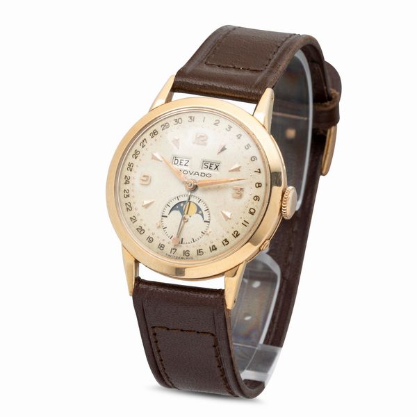 MOVADO : Orologio in oro giallo con triplo calendario con fasi lunari, quadrante Argent con indici applicati e carica manuale  - Asta Orologi da Polso e da Tasca - Associazione Nazionale - Case d'Asta italiane