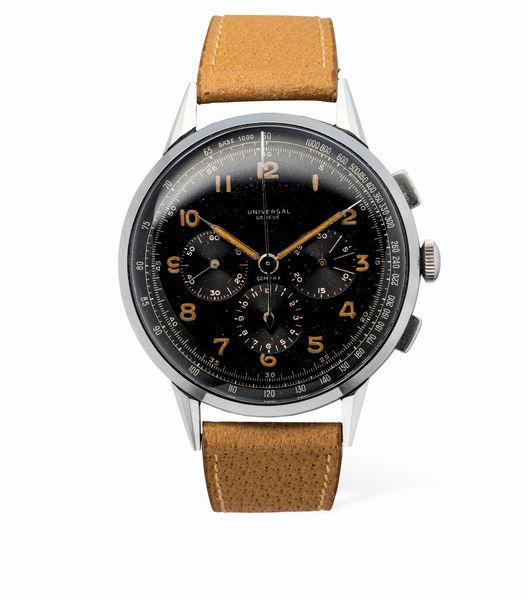 Universal Genève : Raro ed affascinante cronografo Compax fuori misura in acciaio, quadrante laccato nero con numeri Arabi al radio, anni '40  - Asta Orologi da Polso e da Tasca - Associazione Nazionale - Case d'Asta italiane