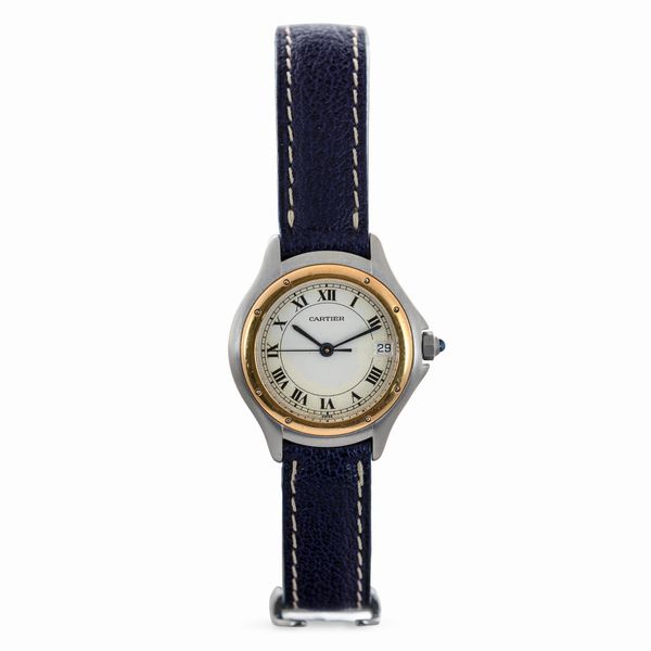 CARTIER : Cartier Rond� in acciaio e oro giallo 18k, quadrante bianco con datario e numeri romani, movimento al quarzo, cinturino in pelle  - Asta Orologi da Polso e da Tasca - Associazione Nazionale - Case d'Asta italiane