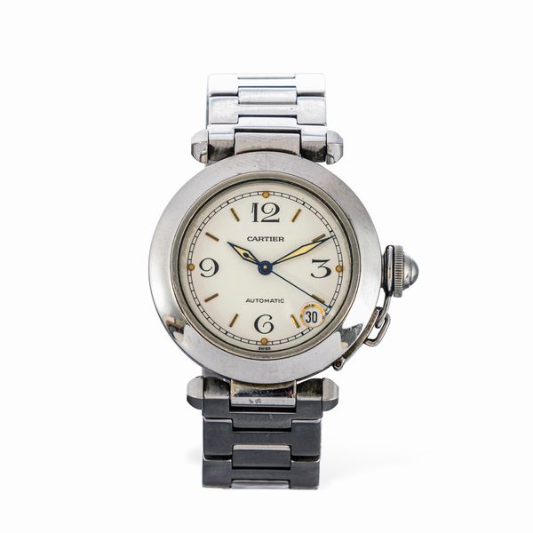 CARTIER : Pash in acciaio automatico, quadrante bianco numeri Arabi con datario, sfere luminescenti chiusura a scomparsa  - Asta Orologi da Polso e da Tasca - Associazione Nazionale - Case d'Asta italiane