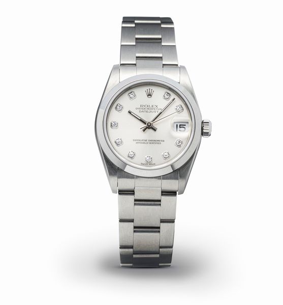 ROLEX : Fine ed elegante Datejust in acciaio con ghiera liscia, quadrante Argent con indici delle ore in brillanti, misura media, accompagnato da scatola e garanzia  - Asta Orologi da Polso e da Tasca - Associazione Nazionale - Case d'Asta italiane