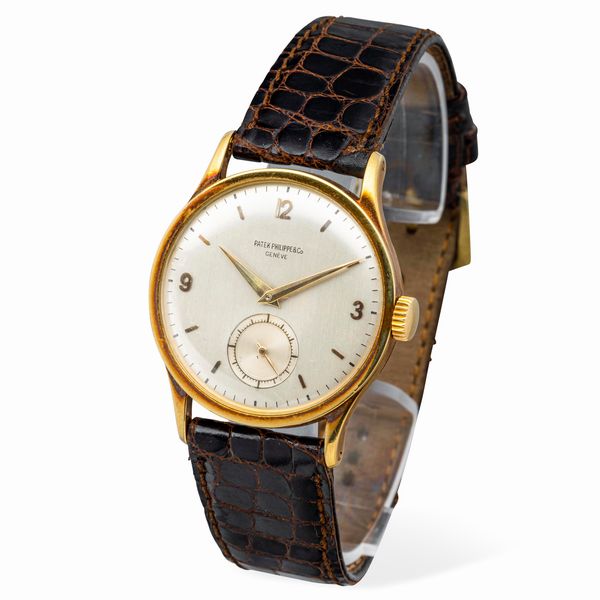 PATEK PHILIPPE : Elegante Calatrava ref 570 J in oro giallo 18k quadrante Argent con numeri Arabi applicati e secondi al sei, accompagnato da estratto d'archivio  - Asta Orologi da Polso e da Tasca - Associazione Nazionale - Case d'Asta italiane