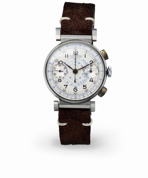 ULYSSE NARDIN : Orologio da polso cronografo in acciaio, a carica manuale, con scala tachimetrica e due contatori, tasti a oliva e anse snodate  - Asta Orologi da Polso e da Tasca - Associazione Nazionale - Case d'Asta italiane