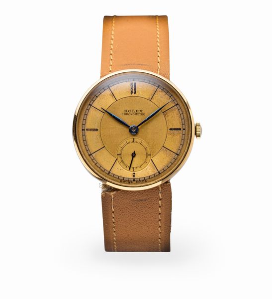 ROLEX : Attraente orologio da polso ref 3129 con quadrante a settori bitonale, cassa a disco volante in oro giallo 18k  - Asta Orologi da Polso e da Tasca - Associazione Nazionale - Case d'Asta italiane