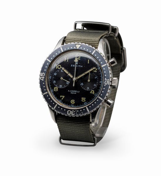 ZENITH : Raro e desiderabile Cairelli in acciaio con quadrante nero lucido, ghiera Ghost fondello asssegnato AMI, ghiera girevole con triangolo luminoso numeri Arabi al trizio  - Asta Orologi da Polso e da Tasca - Associazione Nazionale - Case d'Asta italiane