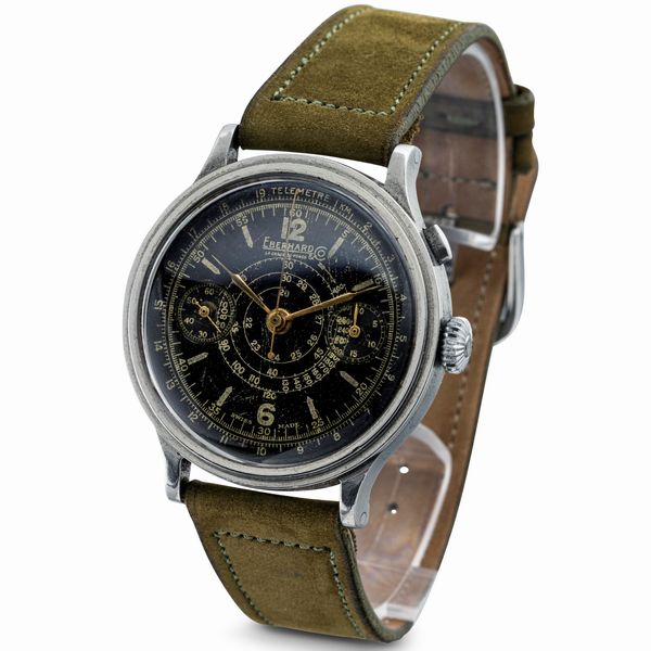 Eberhard : Raro Pre Extrafort monopulsante con quadrante nero gilt, cassa in acciaio a scalino, movimento a carica manuale e fondello a scatto  - Asta Orologi da Polso e da Tasca - Associazione Nazionale - Case d'Asta italiane