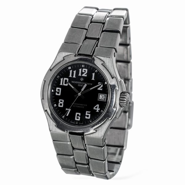 Vacheron & Constantin : Overseas ref 42042 in acciaio, movimento automatico, quadrante nero con numeri Arabi e datario, accompagnato da scatola e garanzia  - Asta Orologi da Polso e da Tasca - Associazione Nazionale - Case d'Asta italiane