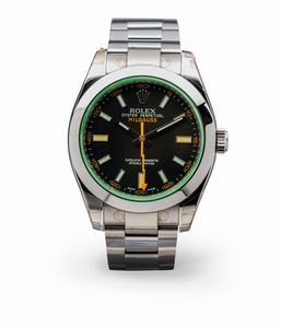 ROLEX - Antimagnetico ed elegante orologio Milgauss ref 116400GV in acciaio, quadrante nero e vetro verde, NOS con pellicole accompagnato da scatola e garanzia